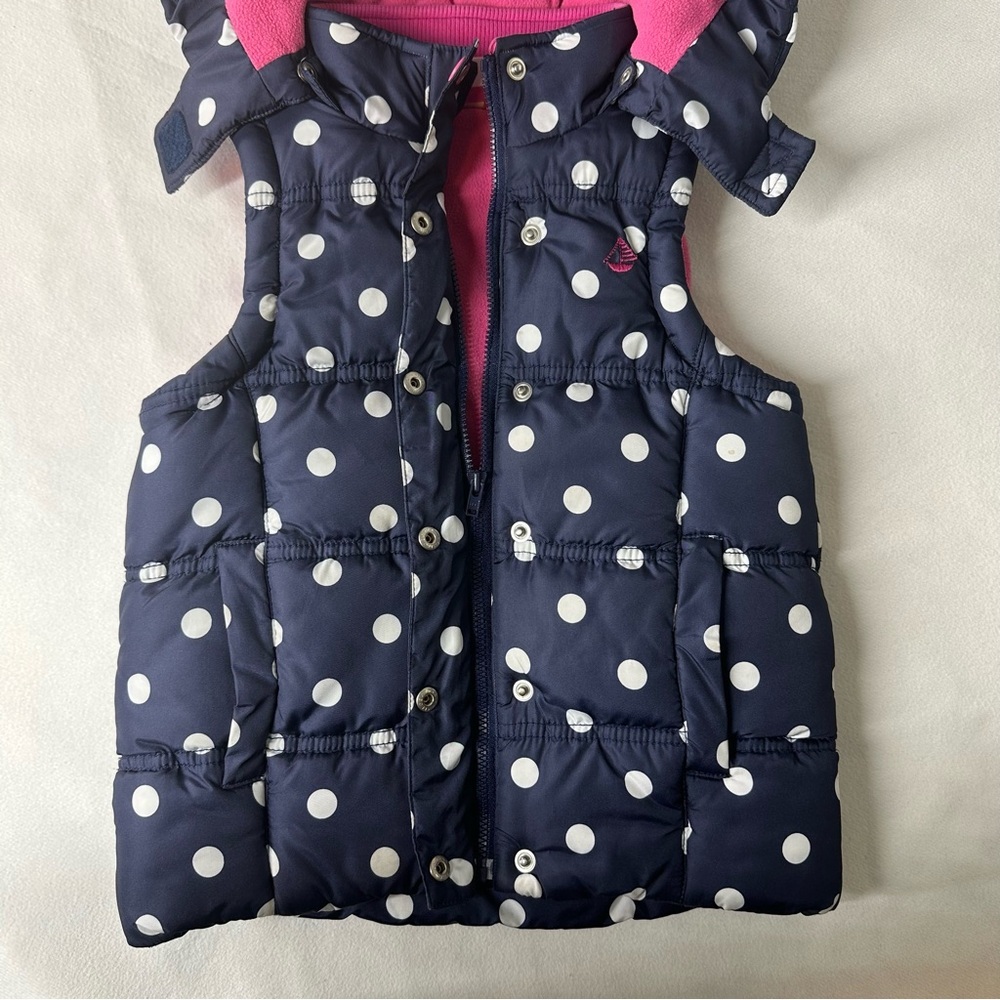 JoJo Maman Bébé Navy Polka Dot Puffer Vest 3Y Detachable Hood Fleece Lined - Picture 4 of 10